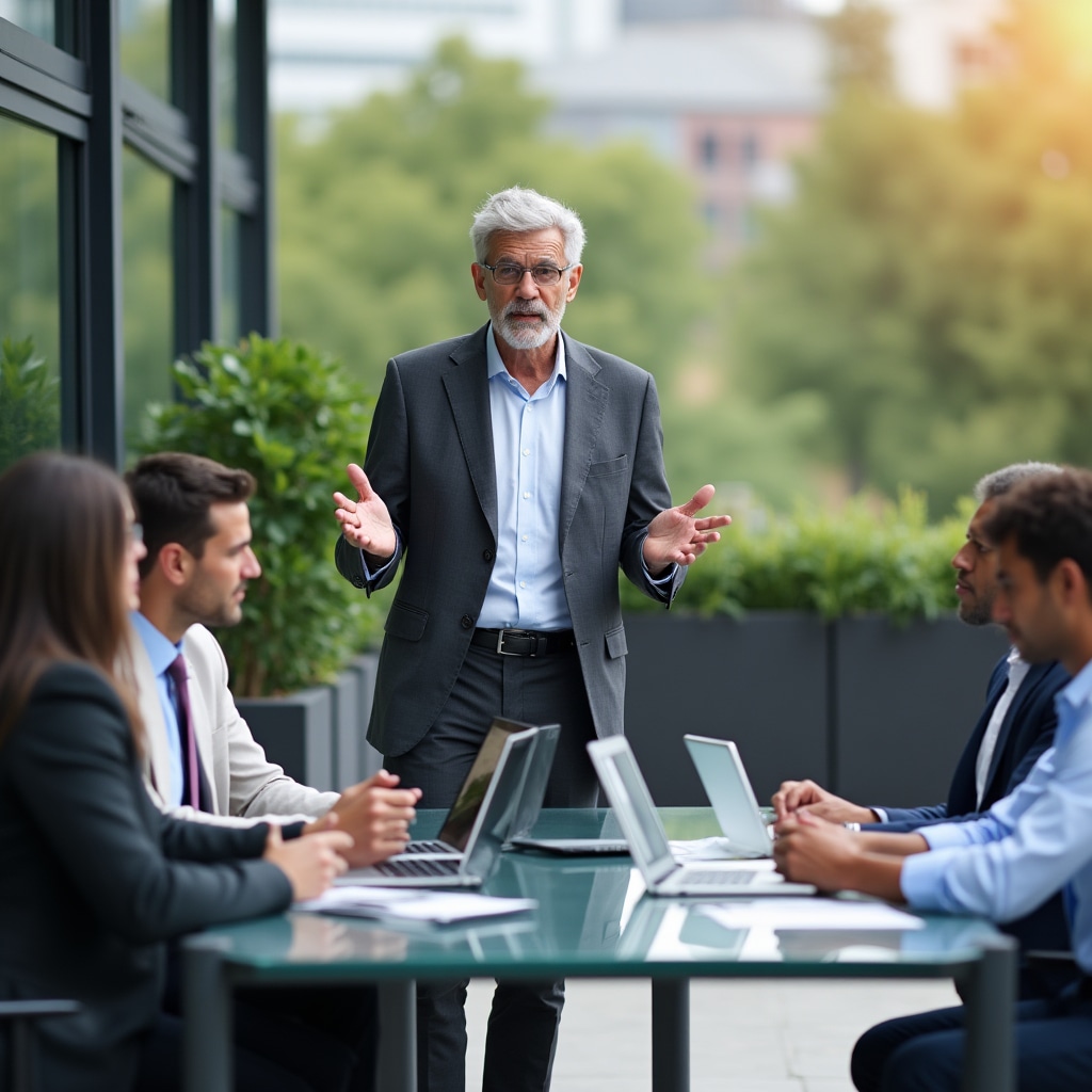 Manager coordonând discuție de echipă